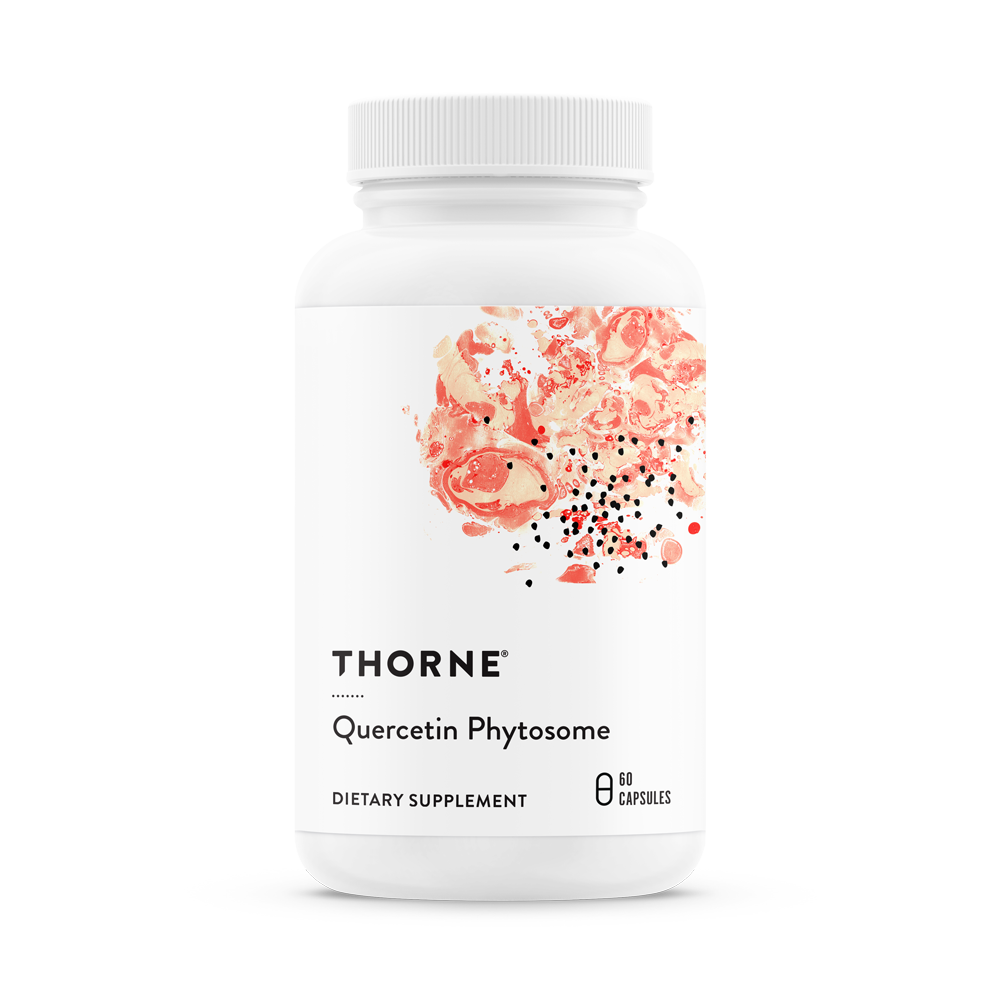 A bottle of Thorne Quercetin Phytosome dietary supplement with a floral design on the label.