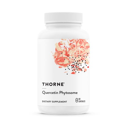 A bottle of Thorne Quercetin Phytosome dietary supplement with a floral design on the label.