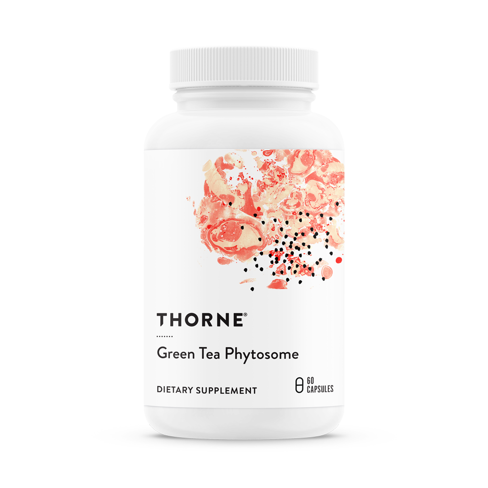 A bottle of Thorne Green Tea Phytosome dietary supplement with a white label and green text.