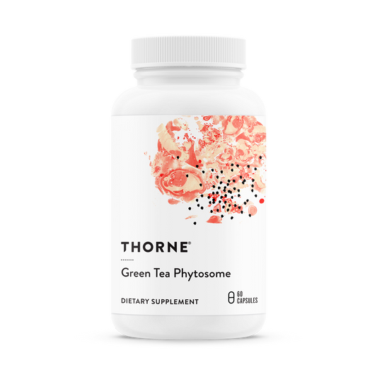 A bottle of Thorne Green Tea Phytosome dietary supplement with a white label and green text.