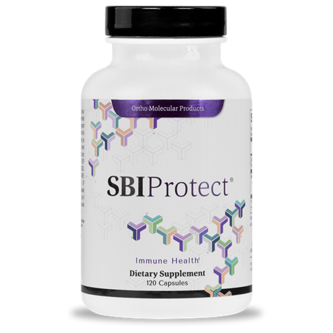 A bottle of OrthoMolecular Products SBI Protect Capsules, which is a dietary supplement for immune health.
