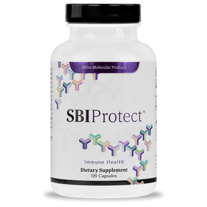 A bottle of OrthoMolecular Products SBI Protect Capsules, which is a dietary supplement for immune health.