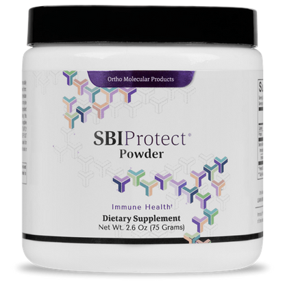 A container of OrthoMolecular Products SBI Protect Powder, which is a dietary supplement aimed at supporting immune health.