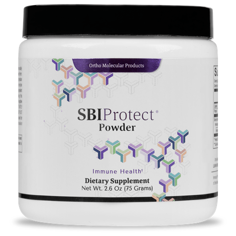 A container of OrthoMolecular Products SBI Protect Powder, which is a dietary supplement aimed at supporting immune health.