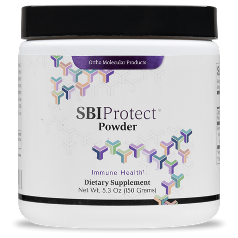 A container of OrthoMolecular Products SBI Protect Powder, which is a dietary supplement aimed at supporting immune health.