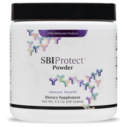 A container of OrthoMolecular Products SBI Protect Powder, which is a dietary supplement aimed at supporting immune health.