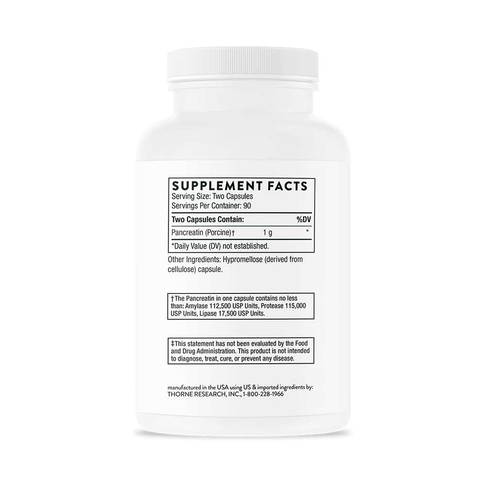 Supplement facts for a bottle of Thorne Pancreatic Enzymes dietary supplement 