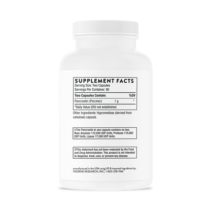 Supplement facts for a bottle of Thorne Pancreatic Enzymes dietary supplement 