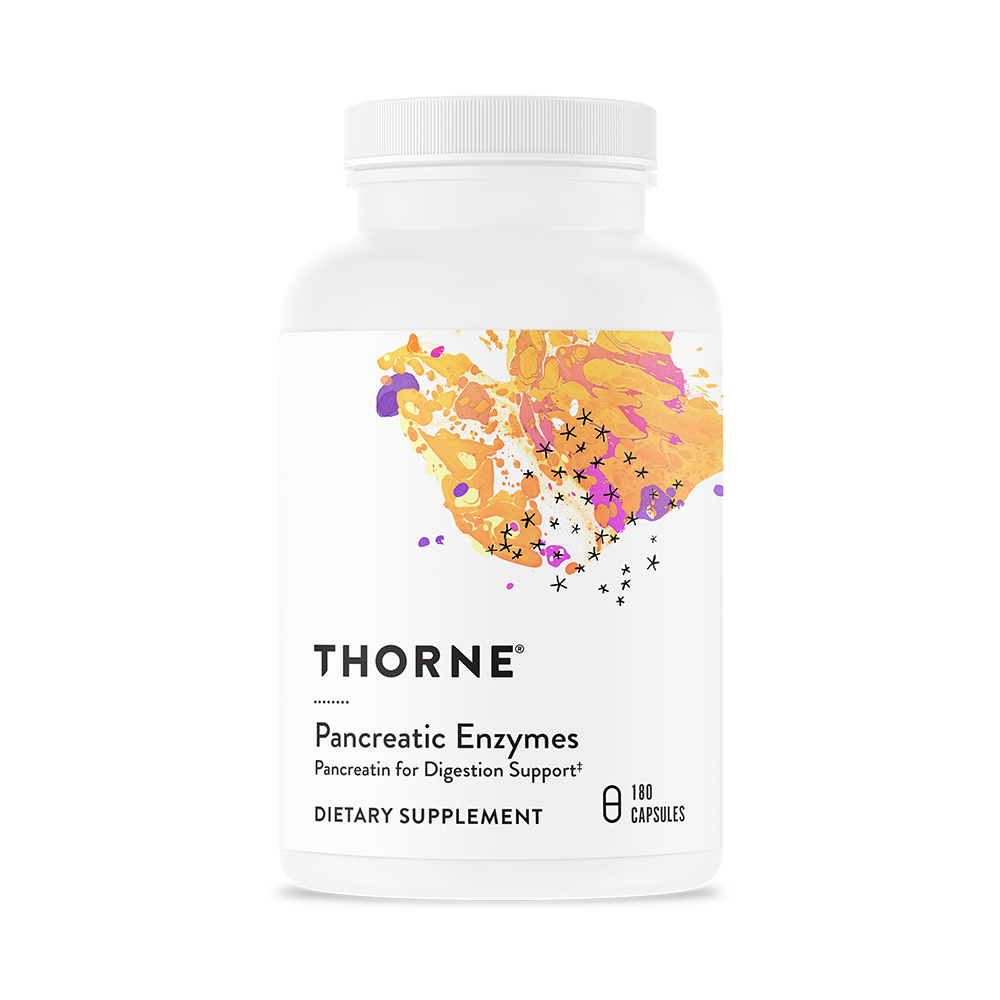 A bottle of Thorne Pancreatic Enzymes dietary supplement with a colorful design on the label.