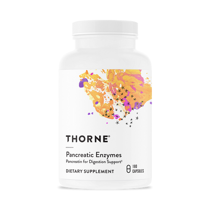 A bottle of Thorne Pancreatic Enzymes dietary supplement with a colorful design on the label.