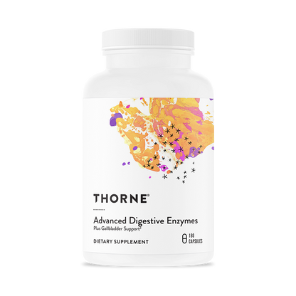 A bottle of Thorne Advanced Digestive Enzymes dietary supplement with a colorful design on the label.