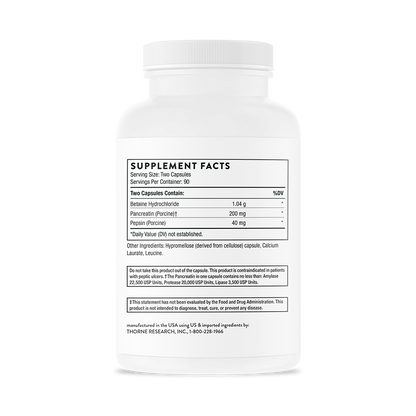 Supplement facts for a bottle of Thorne Multi Enzyme dietary supplement