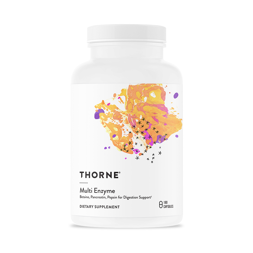 A bottle of Thorne Multi Enzyme dietary supplement with a colorful label.