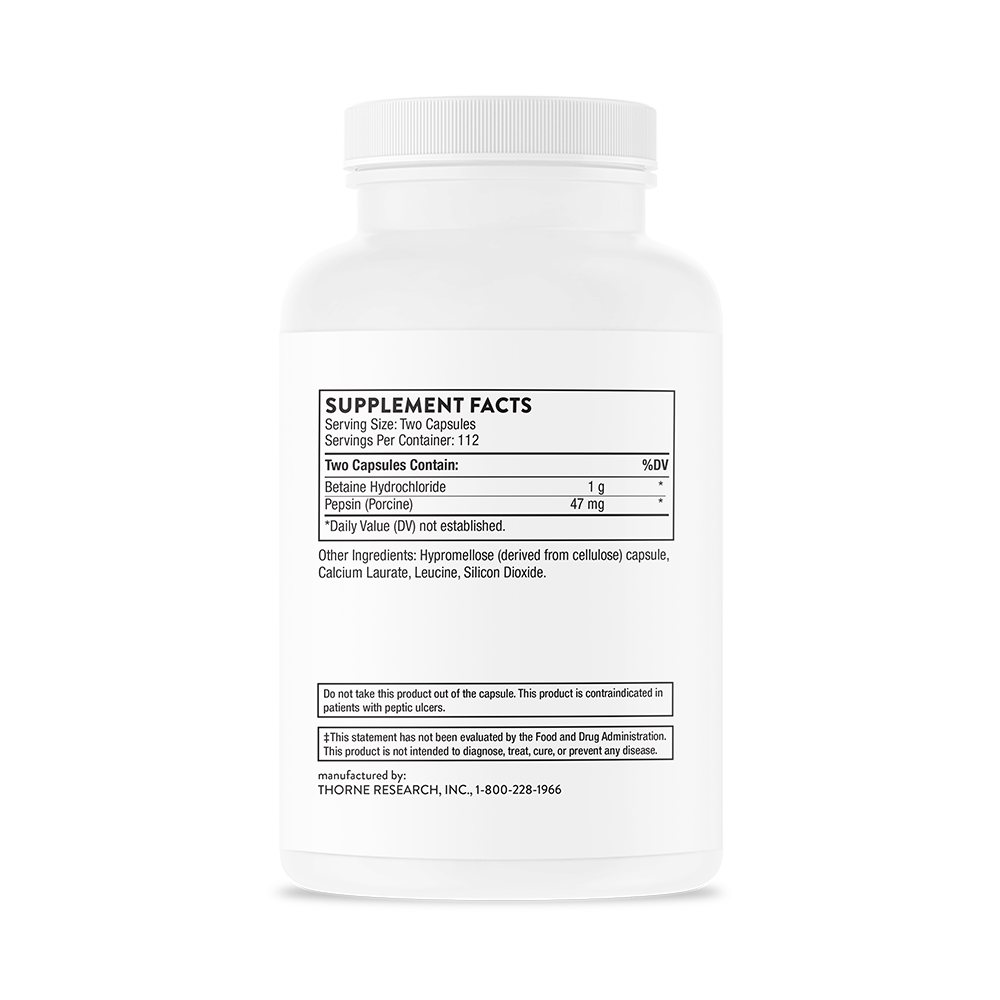 Supplement facts for a bottle of Thorne Betaine HCL & Pepsin dietary supplement