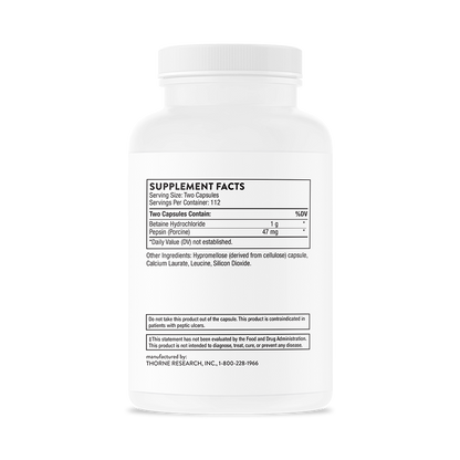 Supplement facts for a bottle of Thorne Betaine HCL & Pepsin dietary supplement