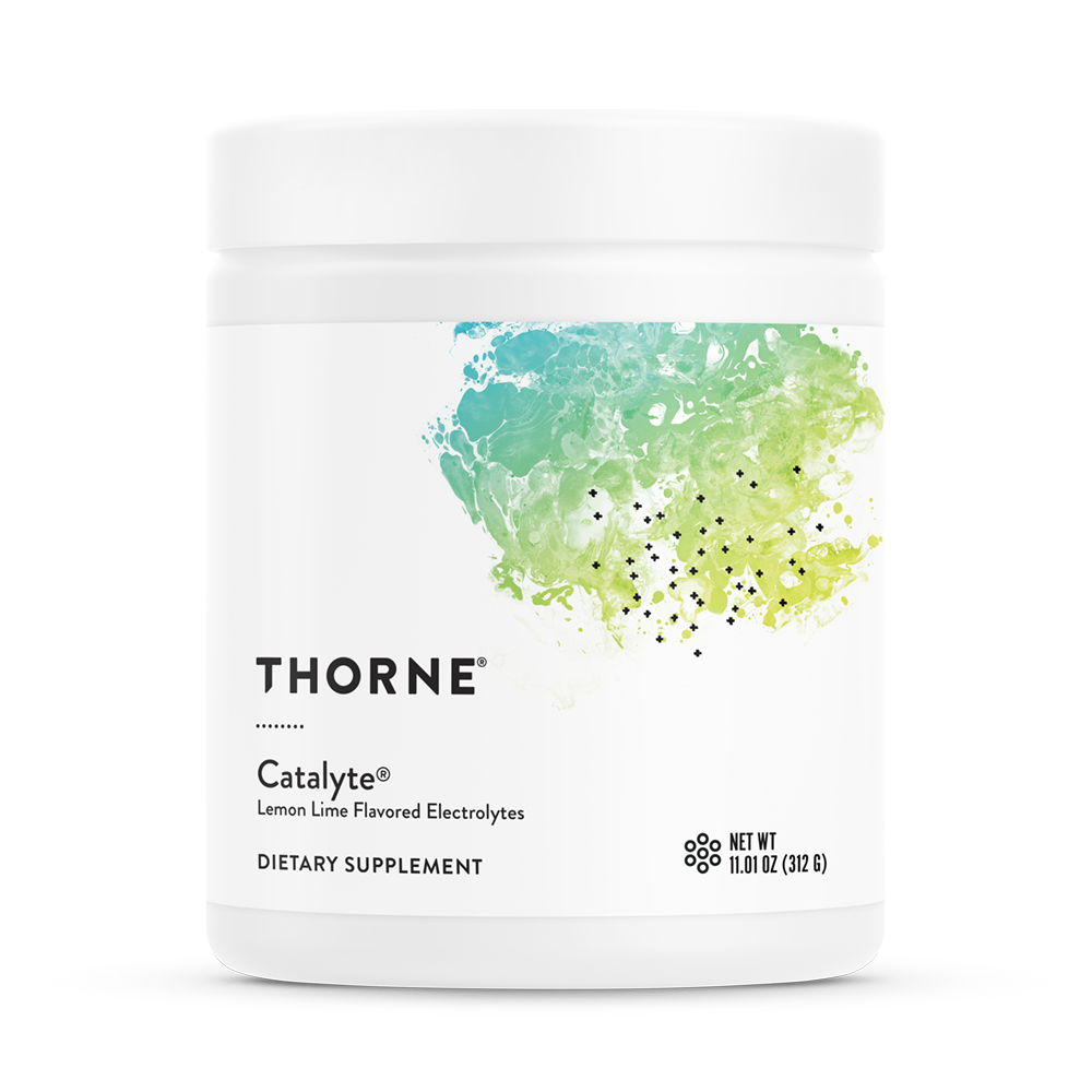 A container of Thorne Catalyte, a lemon lime flavored electrolyte supplement.