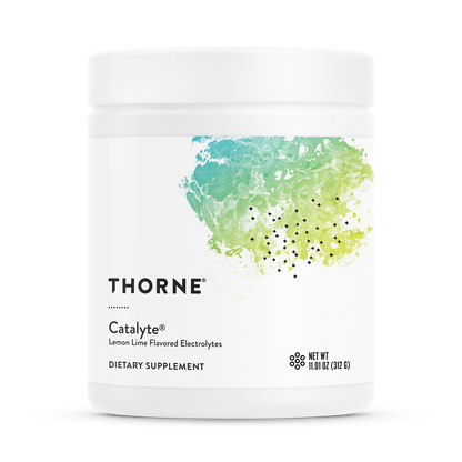A container of Thorne Catalyte, a lemon lime flavored electrolyte supplement.