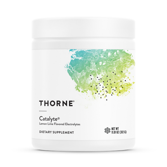 A container of Thorne Catalyte, a lemon lime flavored electrolyte supplement.