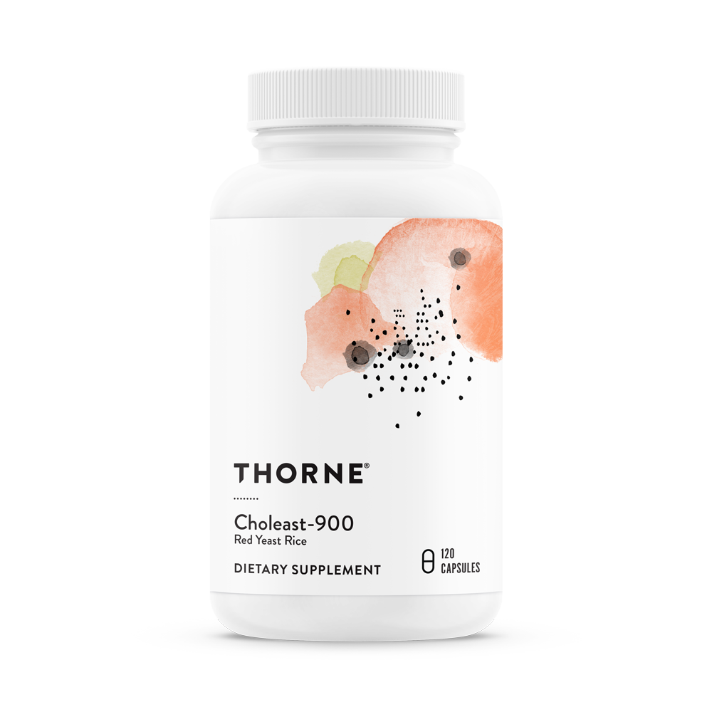A bottle of Thorne Choleast-900 dietary supplement with a label showing a pink and orange design.