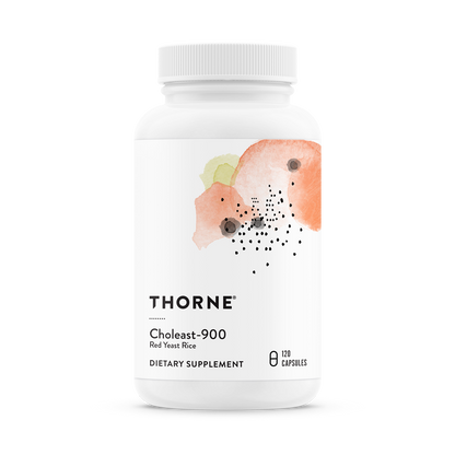 A bottle of Thorne Choleast-900 dietary supplement with a label showing a pink and orange design.