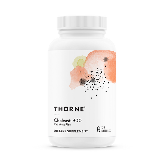 A bottle of Thorne Choleast-900 dietary supplement with a label showing a pink and orange design.