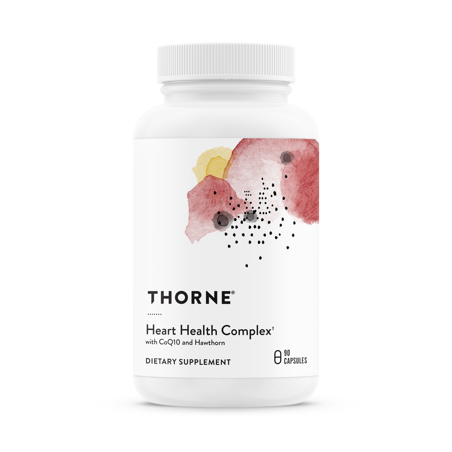 A bottle of Thorne Heart Health Complex dietary supplement with a floral design on the label.