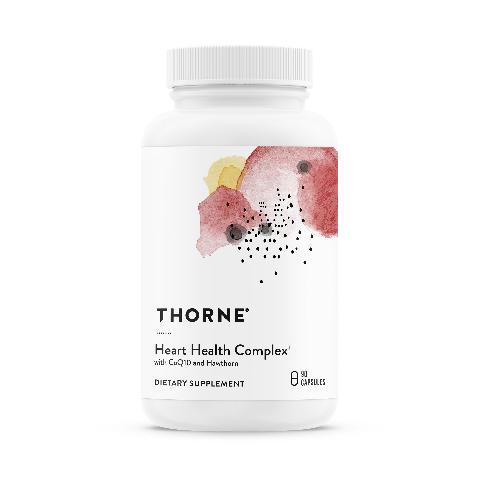 A bottle of Thorne Heart Health Complex dietary supplement with a floral design on the label.