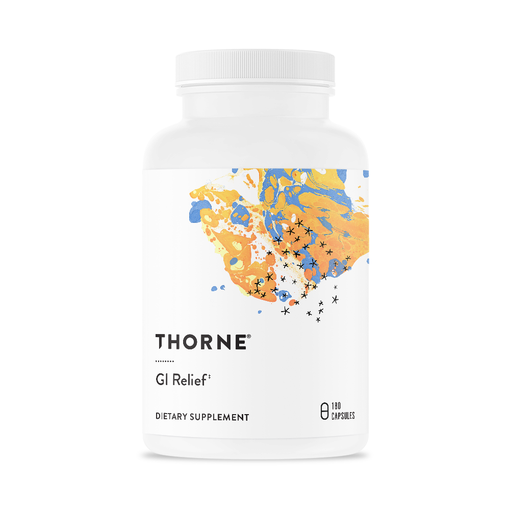 A bottle of Thorne GI Relief dietary supplement, with a colorful design featuring botanical elements on the label.