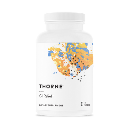 A bottle of Thorne GI Relief dietary supplement, with a colorful design featuring botanical elements on the label.