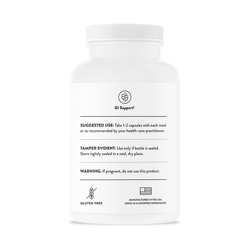 Suggested use for a bottle of Thorne GI Relief dietary supplement