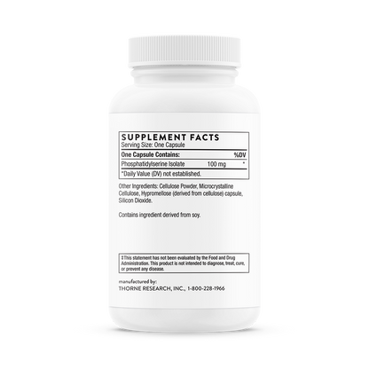 Supploement facts for a A bottle of Thorne Phosphatidylserine dietary supplement 