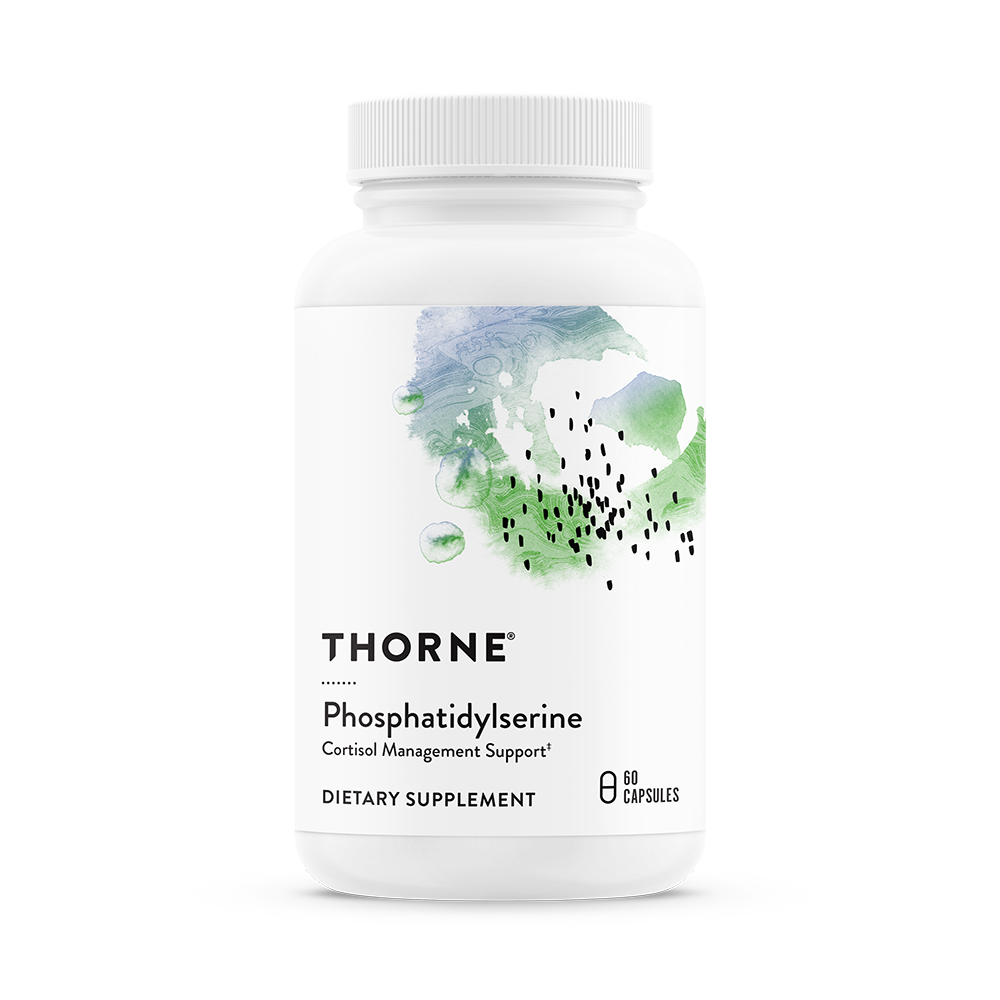 A bottle of Thorne Phosphatidylserine dietary supplement with a white label and green botanical design.