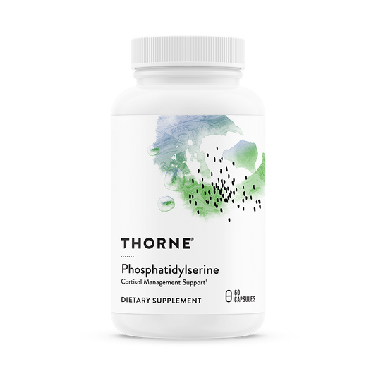 A bottle of Thorne Phosphatidylserine dietary supplement with a white label and green botanical design.