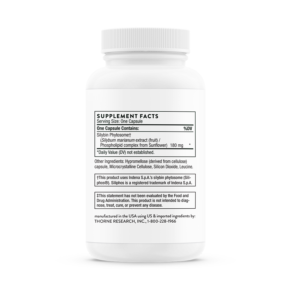 Supplement facts for A bottle of Thorne Siliphos dietary supplement