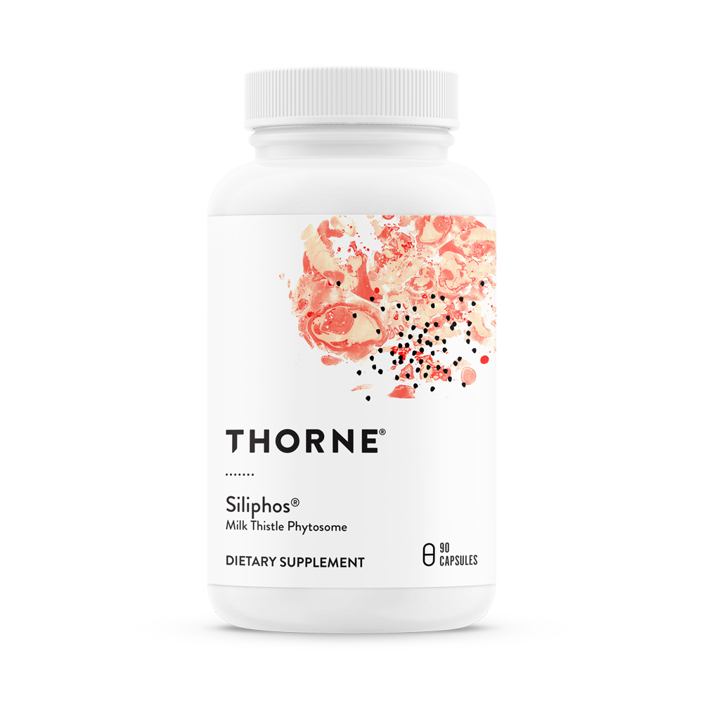 A bottle of Thorne Siliphos dietary supplement with a floral design on the label.
