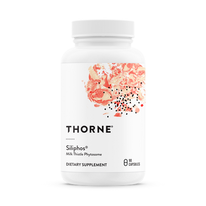 A bottle of Thorne Siliphos dietary supplement with a floral design on the label.