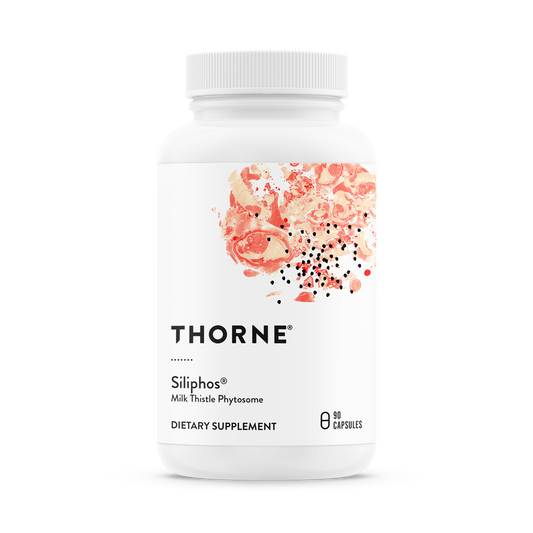 A bottle of Thorne Siliphos dietary supplement with a floral design on the label.