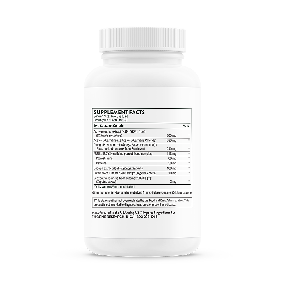 Supplement facts for A bottle of Thorne Memoractiv dietary supplement 