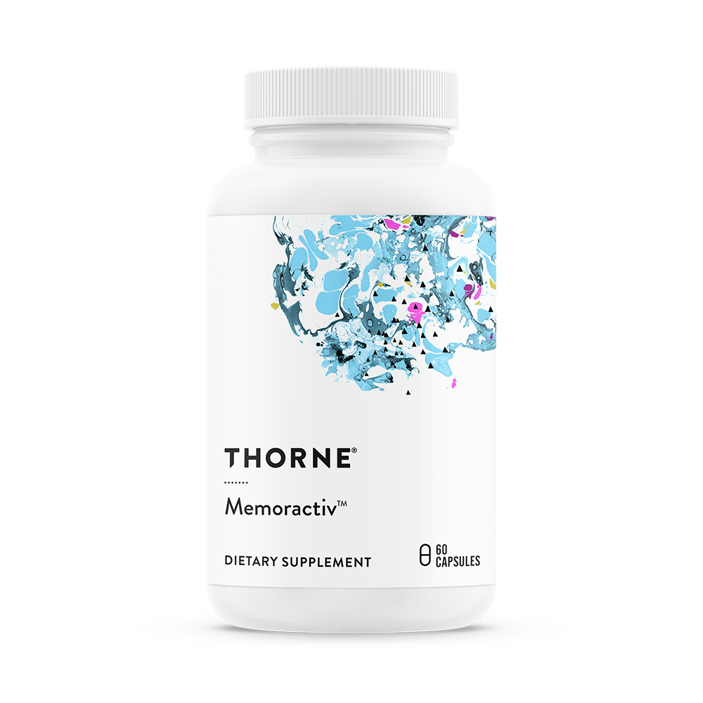 A bottle of Thorne Memoractiv dietary supplement with a floral design on the label.
