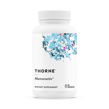 A bottle of Thorne Memoractiv dietary supplement with a floral design on the label.