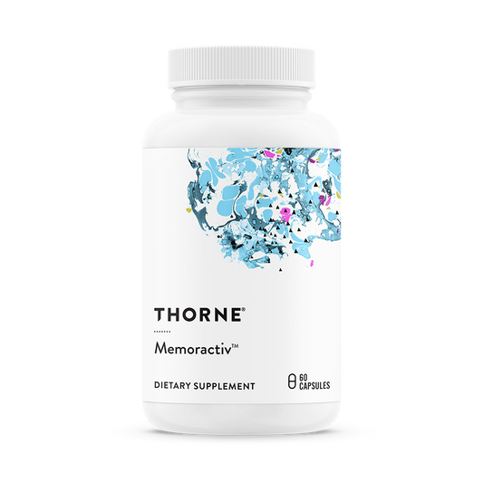 A bottle of Thorne Memoractiv dietary supplement with a floral design on the label.