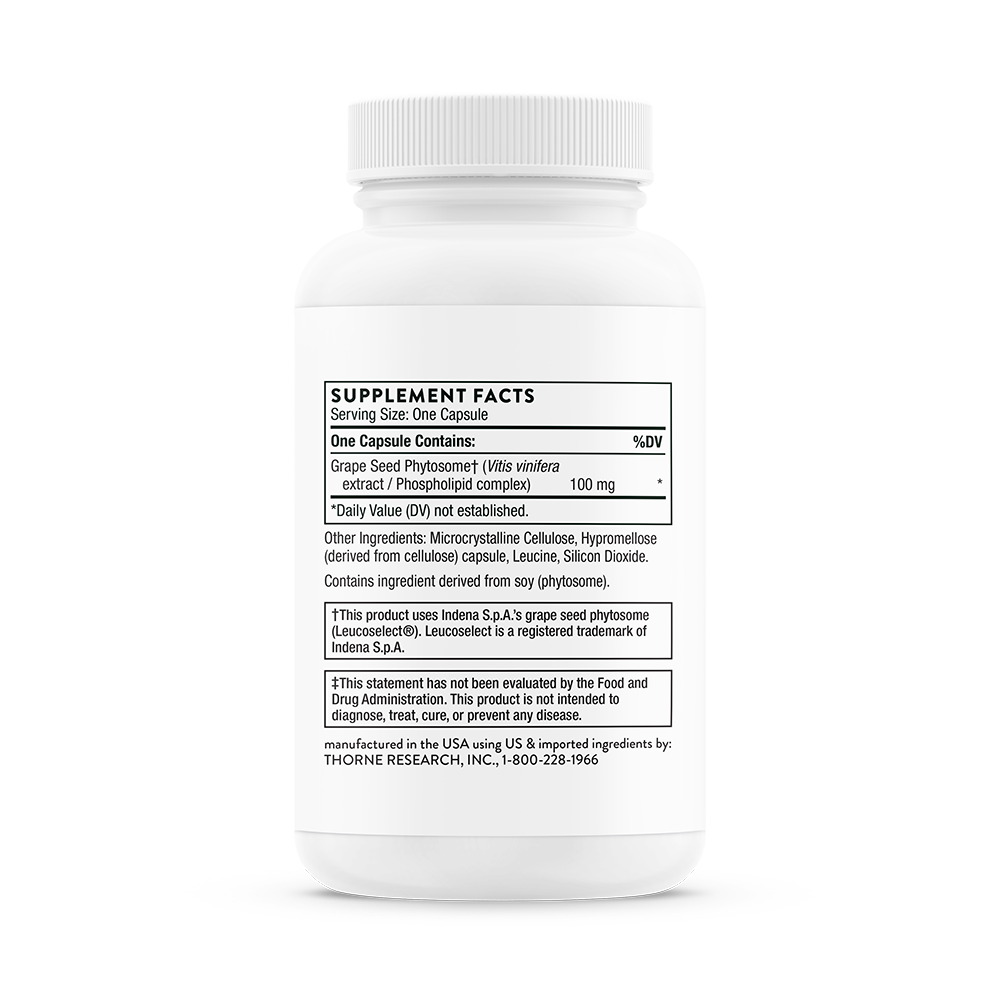 Supplment facts for A bottle of Thorne Grape Seed Extract dietary supplement 