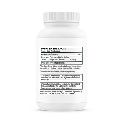 Supplment facts for A bottle of Thorne Grape Seed Extract dietary supplement 