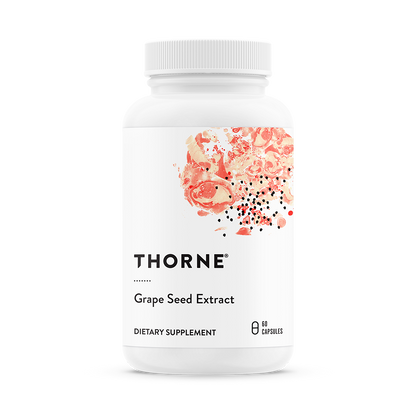 A bottle of Thorne Grape Seed Extract dietary supplement with a graphic of red grapes on the label.