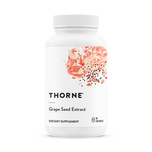 A bottle of Thorne Grape Seed Extract dietary supplement with a graphic of red grapes on the label.