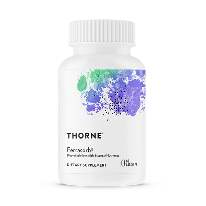 A bottle of Thorne Ferrasorb dietary supplement with a label showing a purple and green artistic design.