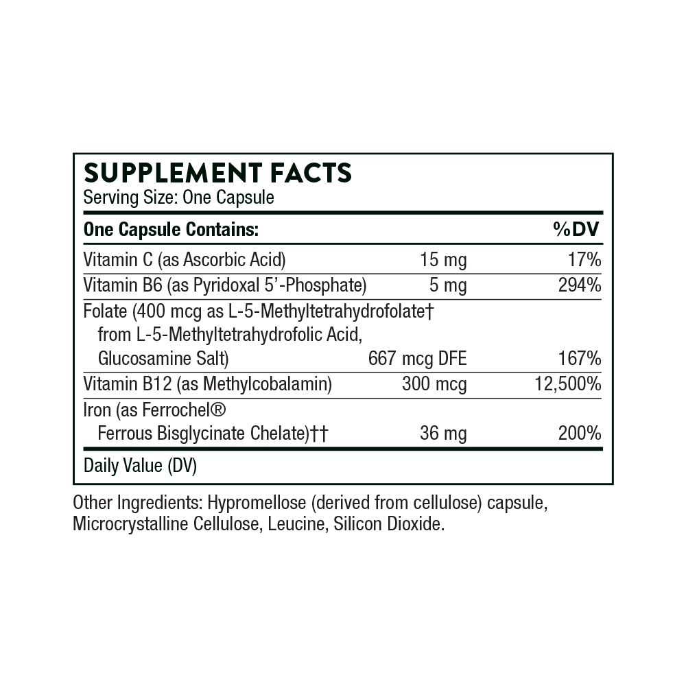 Supplement facts label for a capsule containing various vitamins and minerals on a white background.