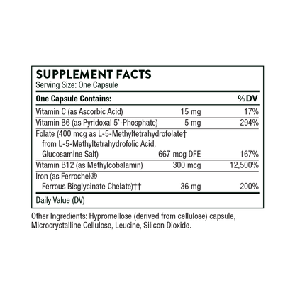 Supplement facts label for a capsule containing various vitamins and minerals on a white background.
