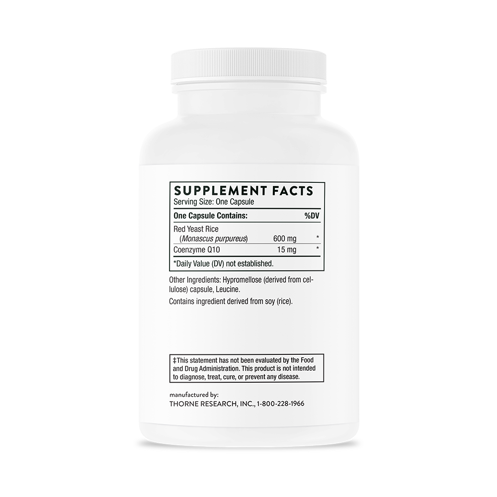 Supplement facts for A bottle of Thorne Red Yeast Rice + CoQ10 dietary supplement 