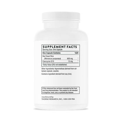 Supplement facts for A bottle of Thorne Red Yeast Rice + CoQ10 dietary supplement 